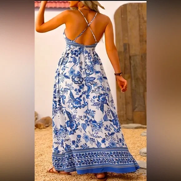 Elegant Floral Blue and White Maxi Dress Flattering Fit New Boutique Size L - Picture 5 of 6